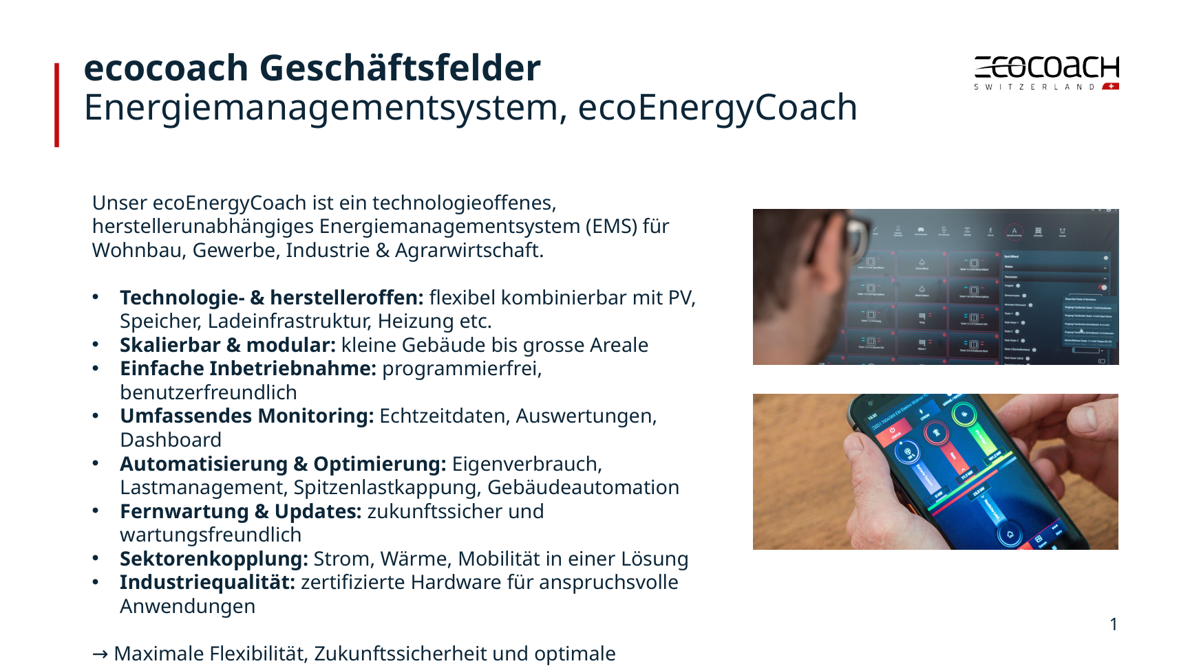 ecocoach · April 2026 · PowerPoint-Folie 6. Anbieterübersicht zu ecoEnergyCoach und EMS-Anwendungen; das angebotene System wird in Ihrer Offerte benannt.