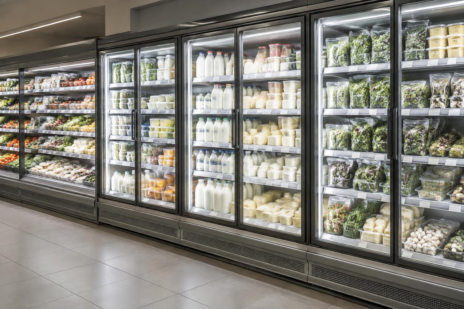 KI-generierte redaktionelle Illustration von Supermarktkühlvitrinen; kein Foto eines betroffenen Geschäfts