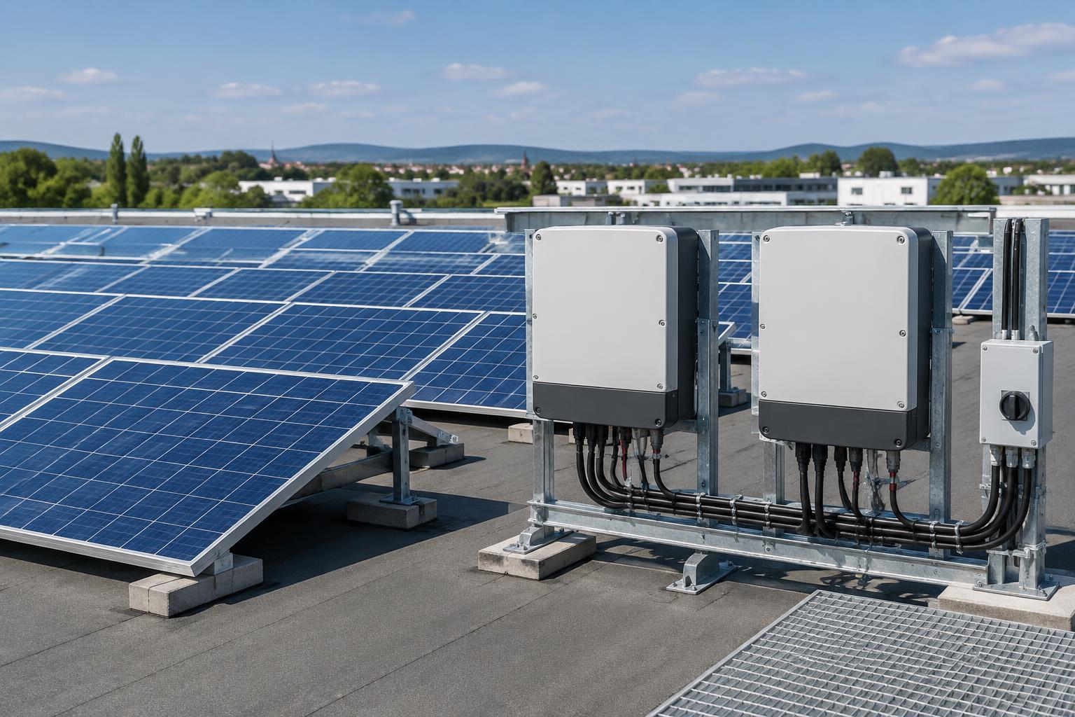 KI-generierte redaktionelle Illustration von Dach-PV und neutralen Wechselrichtergehäusen; keine untersuchte oder Kundenanlage