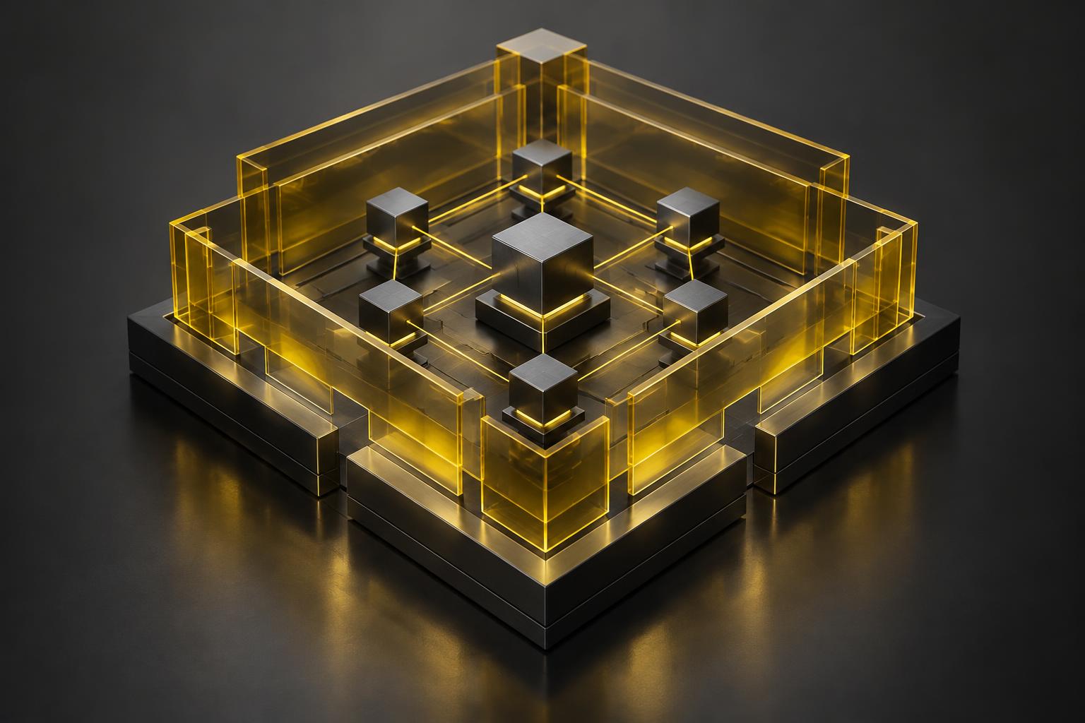 Abstrakte Netzwerkknoten innerhalb gelber Schutzschichten; keine bestätigte SaiFlow-Architektur oder Installation