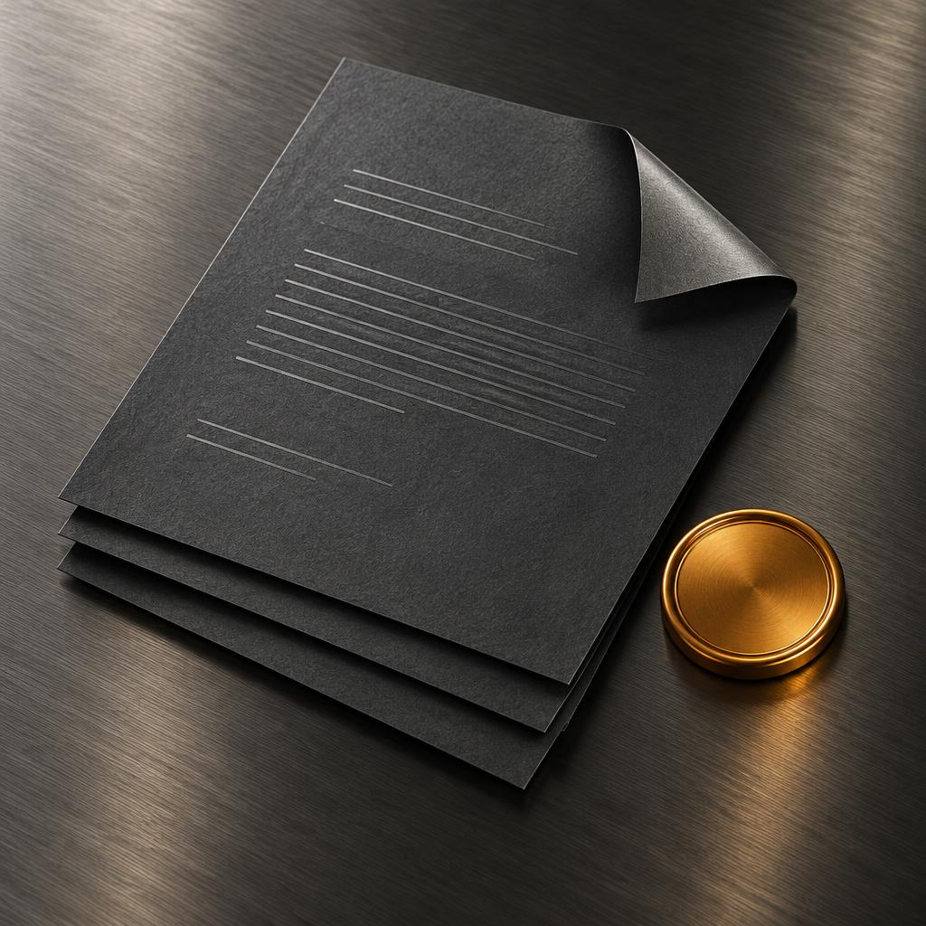Abstrakter Dokumentstapel mit goldenem Siegel als Symbol für Risikotransfer; keine Police oder physisches EVC Cover-Produkt