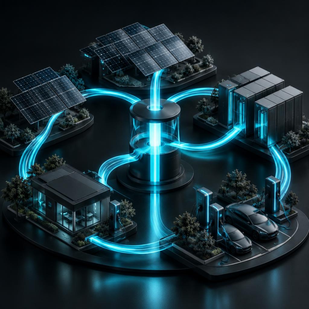 Abstrakte cyanfarbene Energieflüsse zwischen Solar-, Speicher- und Ladeformen; keine EcoOS-Installation oder universelle Integrationszusage