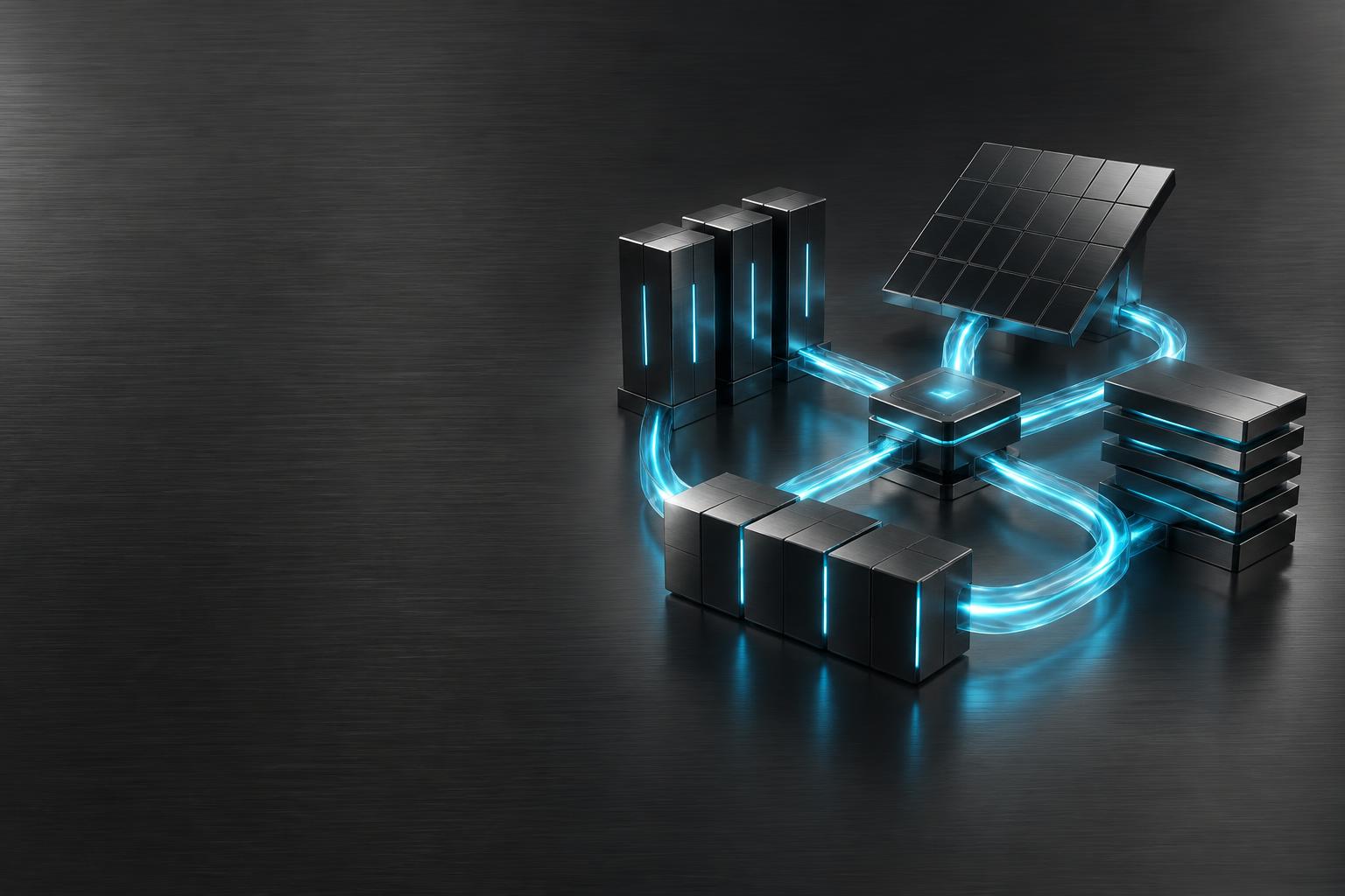 Abstrakte cyanfarbene Energieflüsse zwischen Erzeugung, Speichern und Verbrauchern; keine reale Installation
